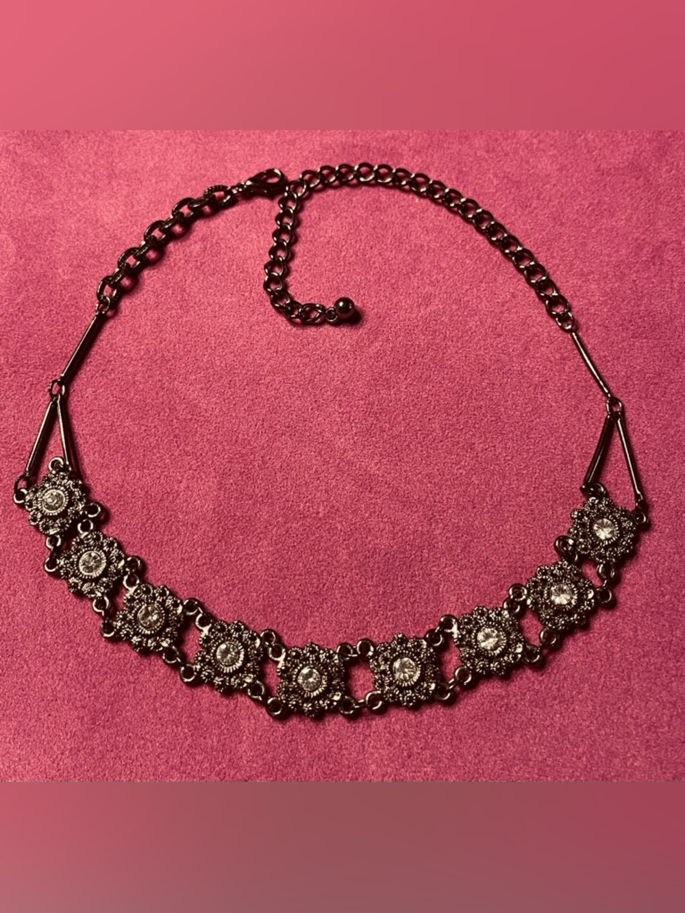 Art Deco Choker /Vintage with darkened silver tone floral setting w/rhinestones